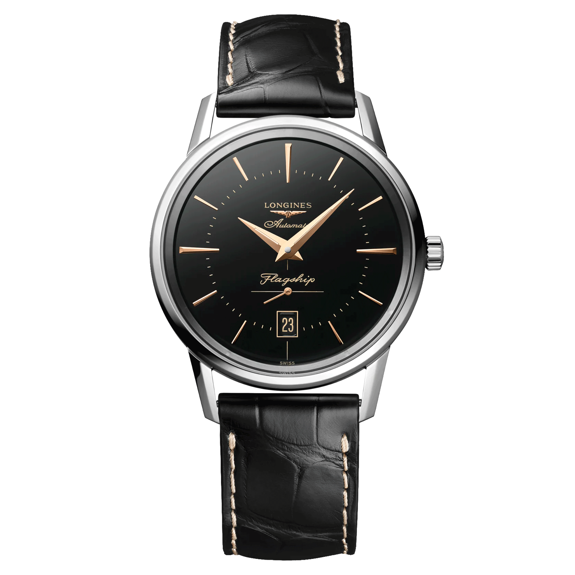 Montre Longines Flagship Heritage automatique cadran noir bracelet alligator noir 38.50 mm L4.795.4.58.0