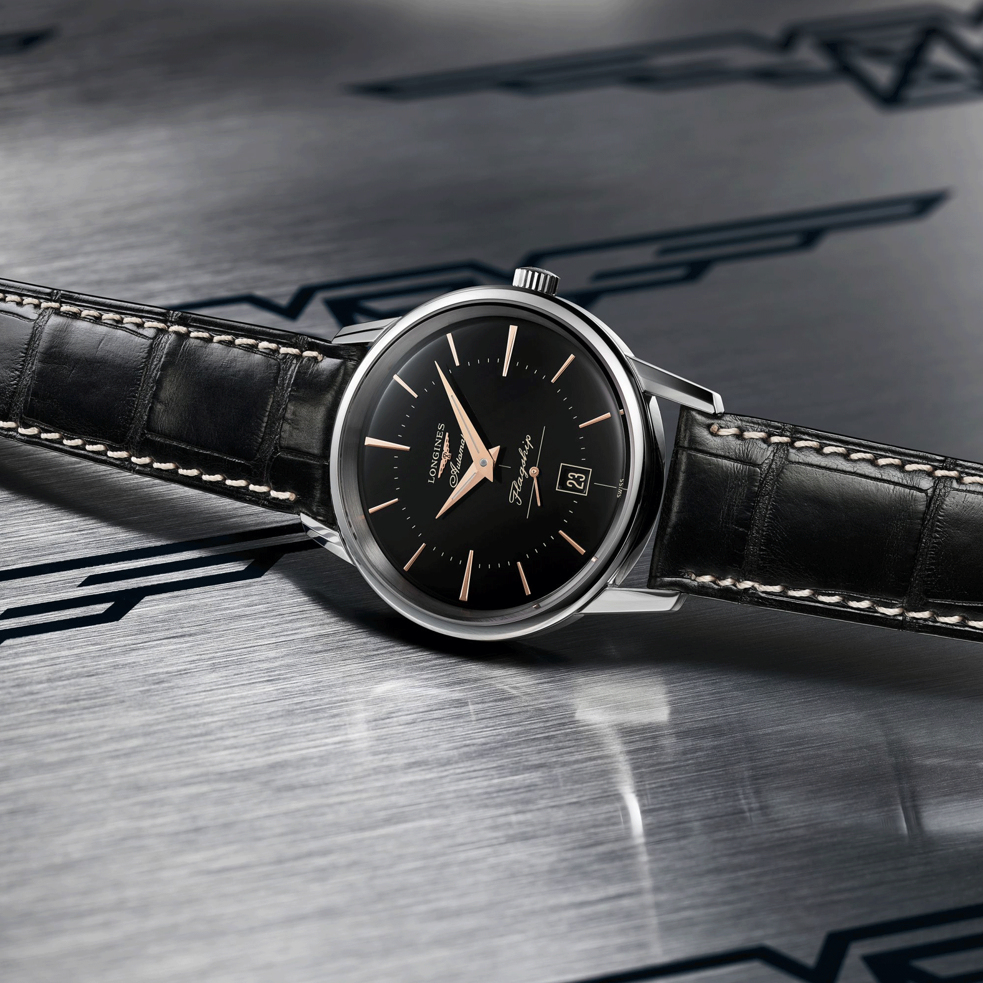 Montre Longines Flagship Heritage automatique cadran noir bracelet alligator noir 38.50 mm L4.795.4.58.0