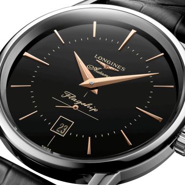 Montre Longines Flagship Heritage automatique cadran noir bracelet alligator noir 38.50 mm L4.795.4.58.0