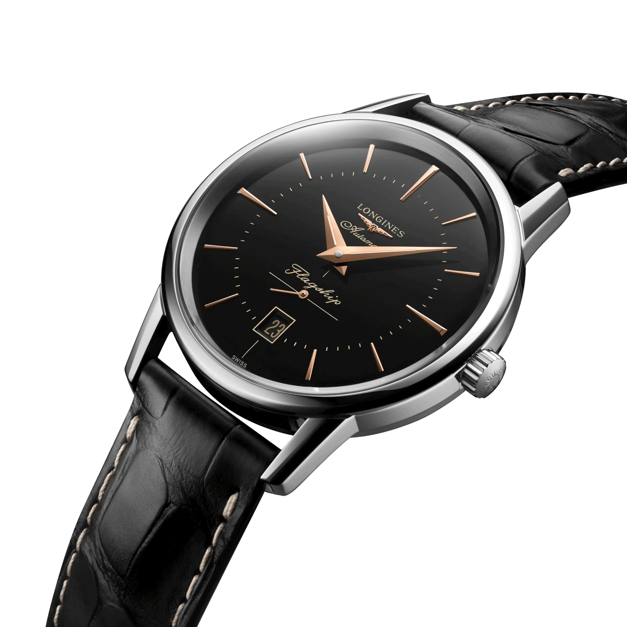 Montre Longines Flagship Heritage automatique cadran noir bracelet alligator noir 38.50 mm L4.795.4.58.0