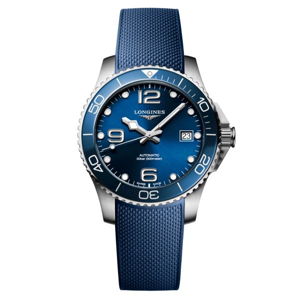 Longines HydroConquest automatic watch blue dial blue rubber strap 39 mm
