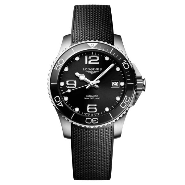 Longines HydroConquest automatic watch black dial black rubber strap 39 mm