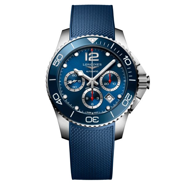 Montre Longines HydroConquest Chronographe automatique cadran bleu bracelet caoutchouc bleu 43 mm L3.883.4.96.9