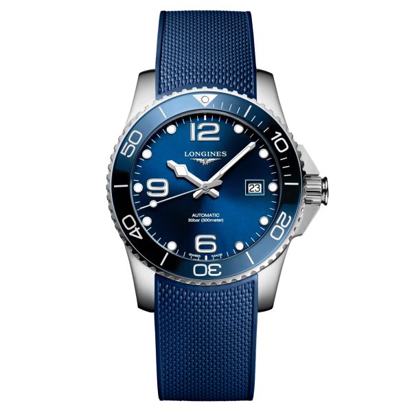 Longines Hydroconquest automatic watch blue dial blue rubber strap 41 mm