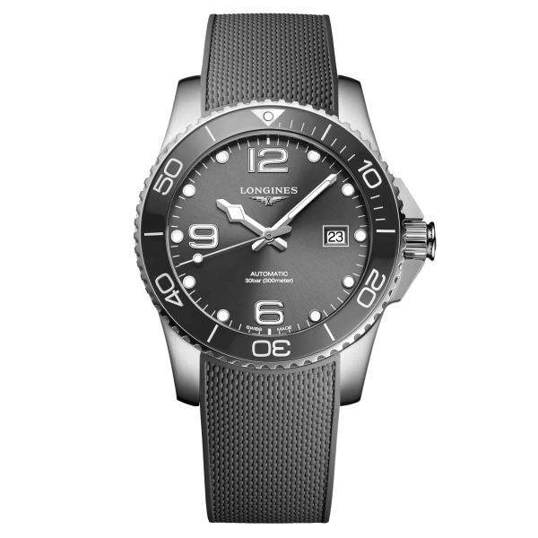 Longines Hydroconquest automatic watch grey dial grey rubber strap 41 mm