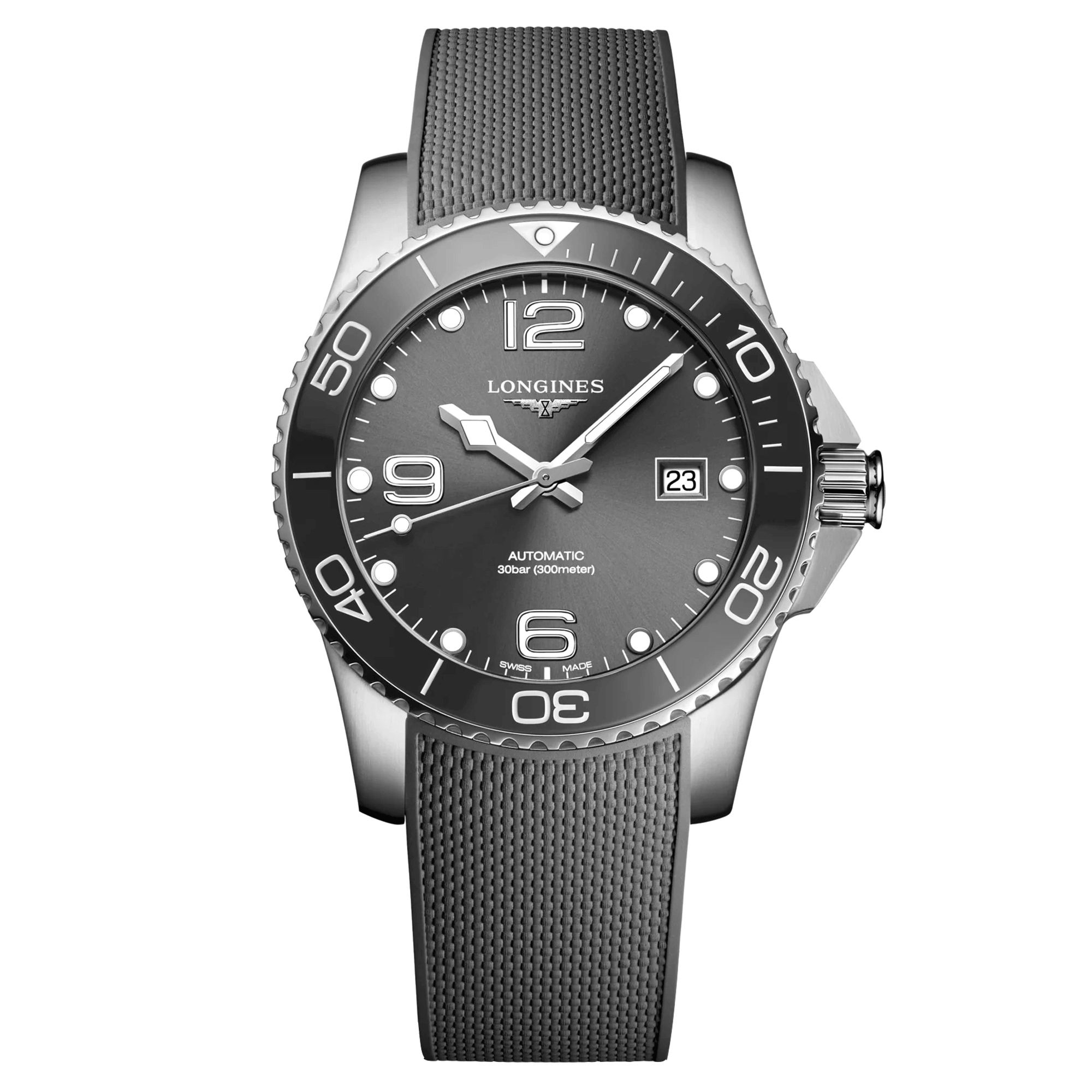 Longines Hydroconquest automatic watch grey dial grey rubber strap 41 mm