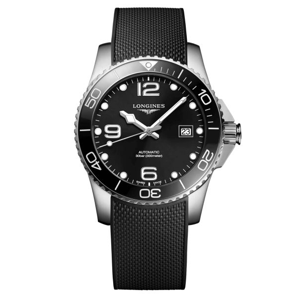 Longines Hydroconquest automatic watch black dial rubber strap 41 mm