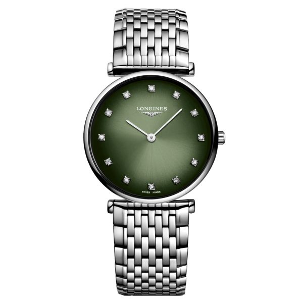 Longines La Grande Classique quartz watch with diamond markers green dial steel bracelet 29 mm