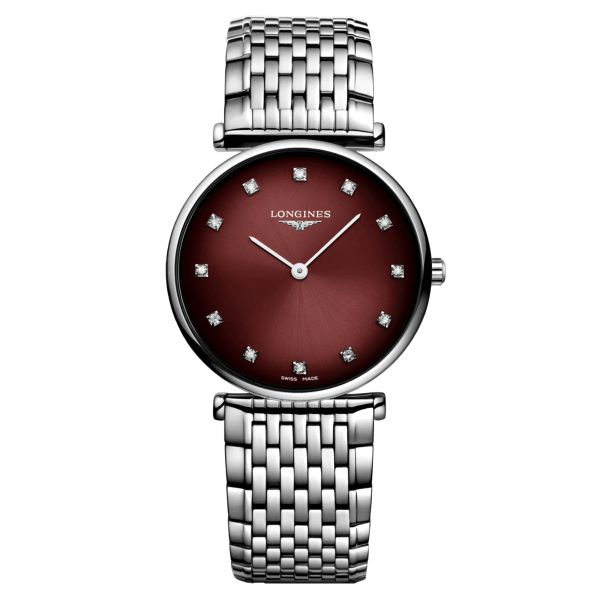 Longines La Grande Classique quartz watch with diamond markers Bordeaux dial Steel bracelet 29 mm