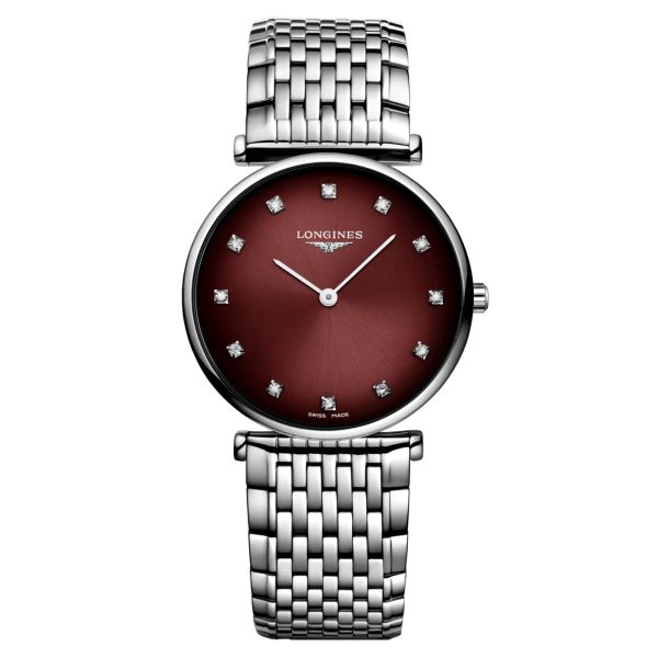 Montre Longines La Grande Classique quartz index diamants cadran bordeaux bracelet acier 29 mm L4.512.4.91.6