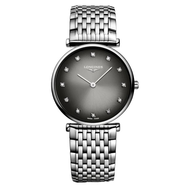 Longines La Grande Classique quartz watch with diamond markers grey dial steel bracelet 29 mm