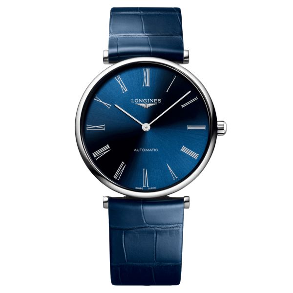 Longines Grande Classique automatic watch blue dial blue croco leather strap 38 mm