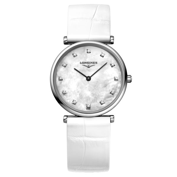 Longines Grande Classique quartz watch white mother-of-pearl dial white crocodile leather strap 29 mm