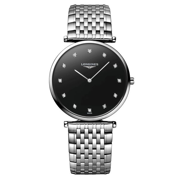 Montre Longines La Grande Classique quartz cadran noir index diamants bracelet acier 33 mm