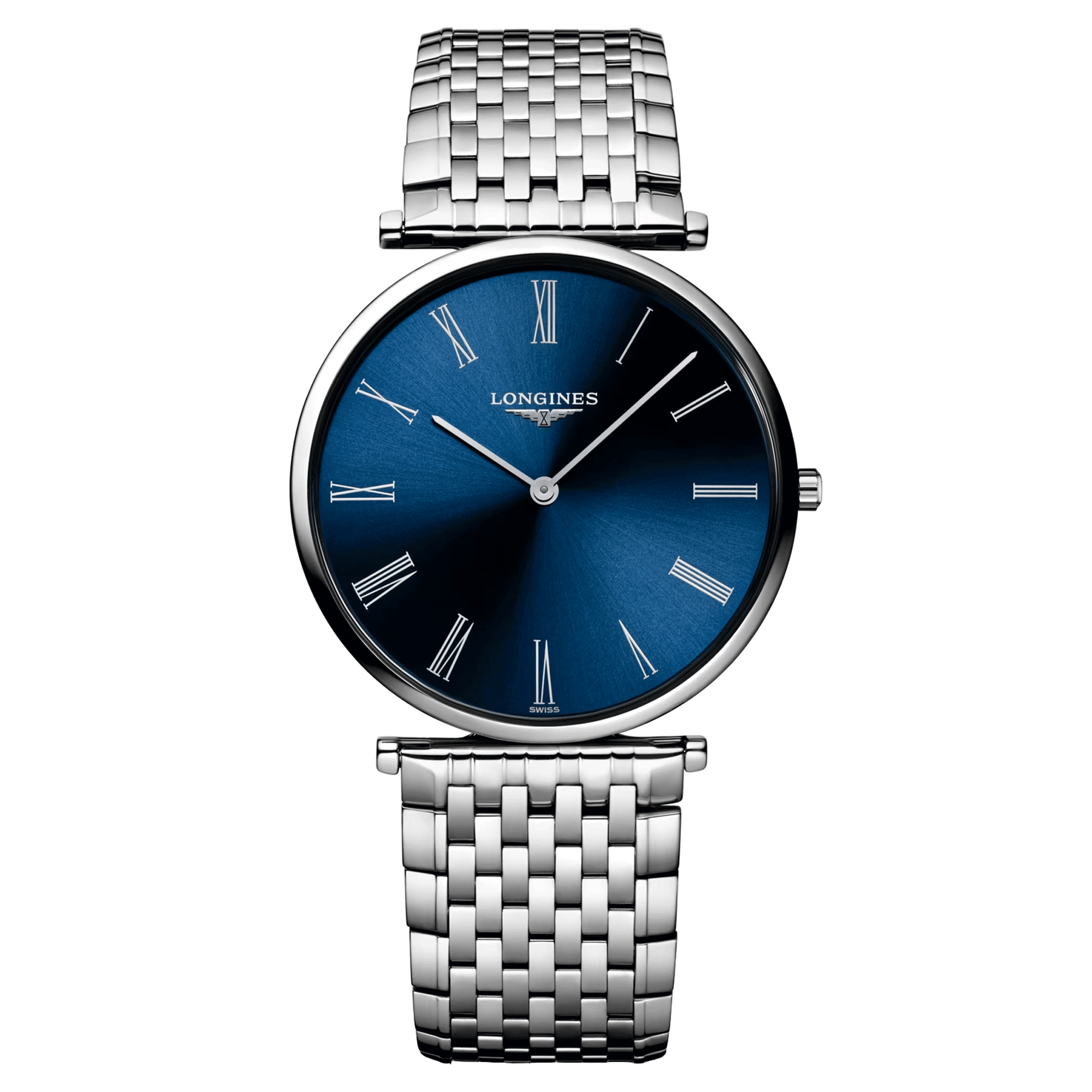 Montre Longines La Grande Classique quartz cadran bleu chiffres romains bracelet acier 36 mm