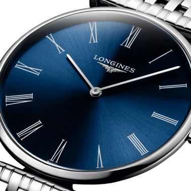 Montre Longines La Grande Classique quartz cadran bleu chiffres romains bracelet acier 36 mm