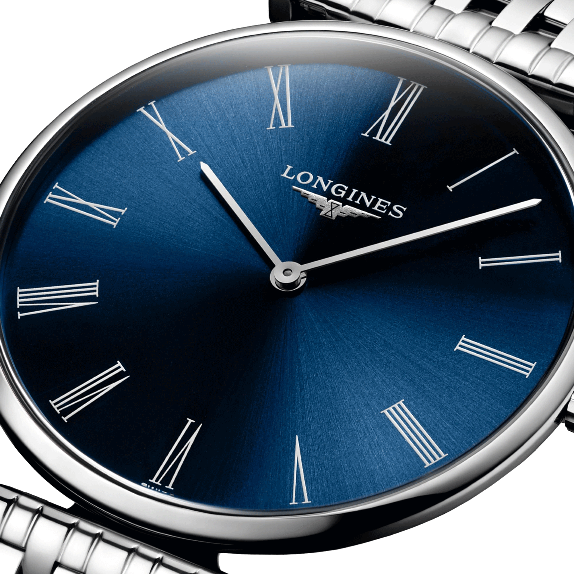 Montre Longines La Grande Classique quartz cadran bleu chiffres romains bracelet acier 36 mm