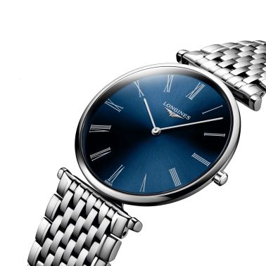 Montre Longines La Grande Classique quartz cadran bleu chiffres romains bracelet acier 36 mm