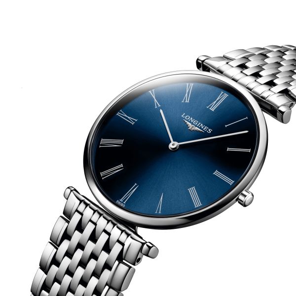 Montre Longines La Grande Classique quartz cadran bleu chiffres romains bracelet acier 36 mm
