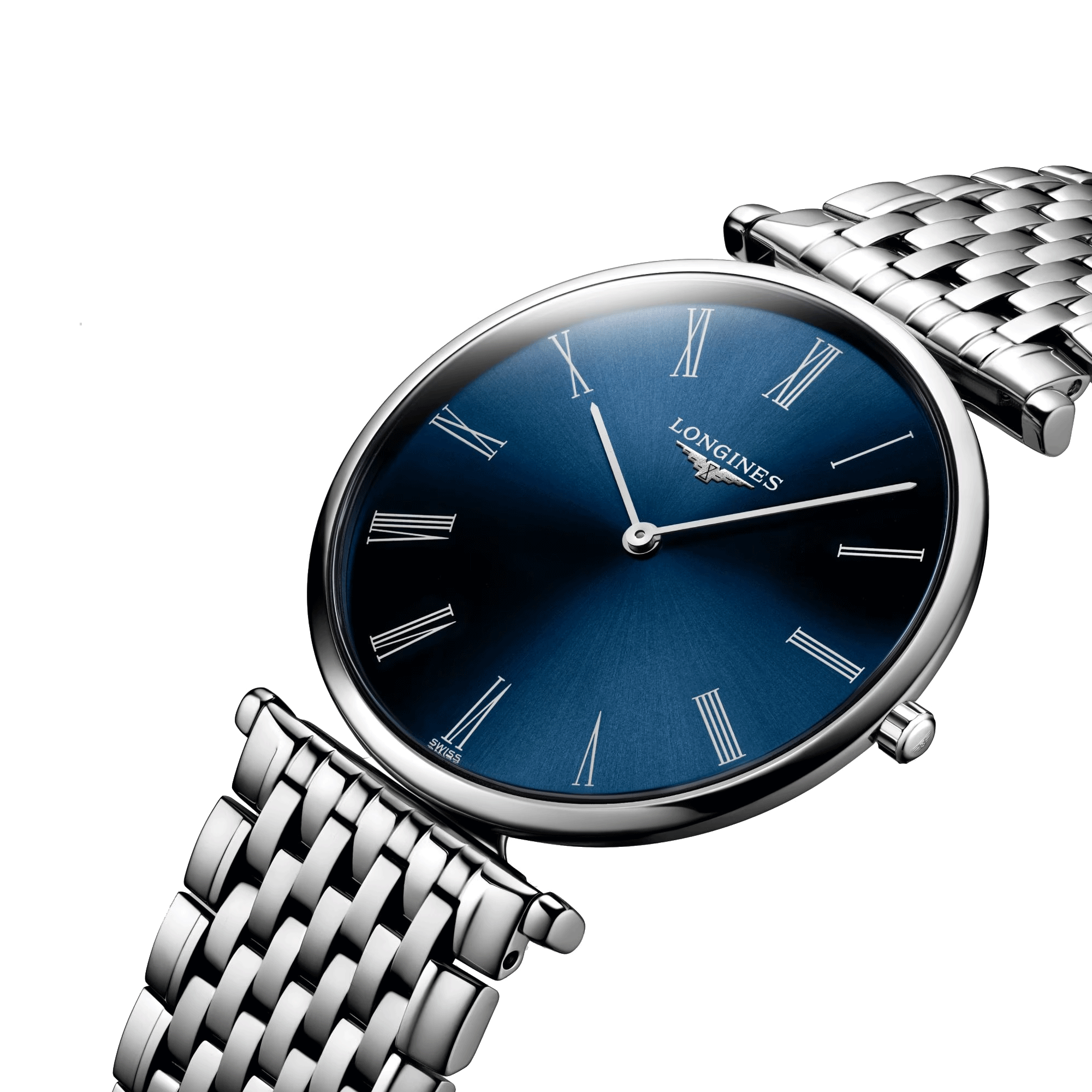 Montre Longines La Grande Classique quartz cadran bleu chiffres romains bracelet acier 36 mm