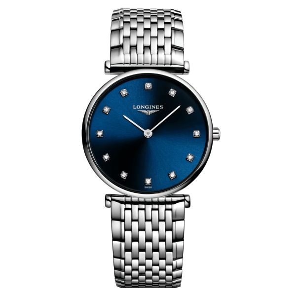 Montre Longines La Grande Classique quartz cadran bleu index diamants bracelet acier 29 mm