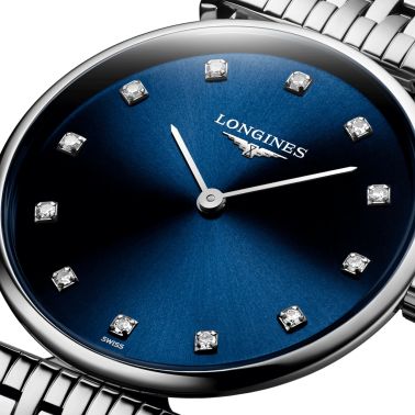 Montre Longines La Grande Classique quartz cadran bleu index diamants bracelet acier 29 mm