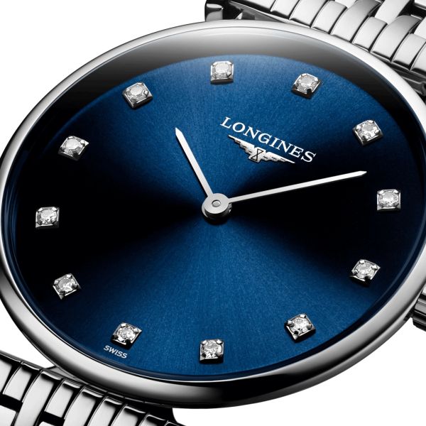 Montre Longines La Grande Classique quartz cadran bleu index diamants bracelet acier 29 mm