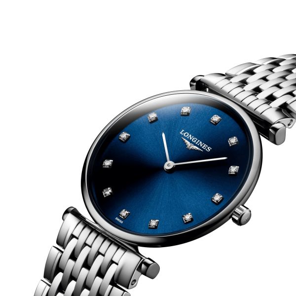 Montre Longines La Grande Classique quartz cadran bleu index diamants bracelet acier 29 mm