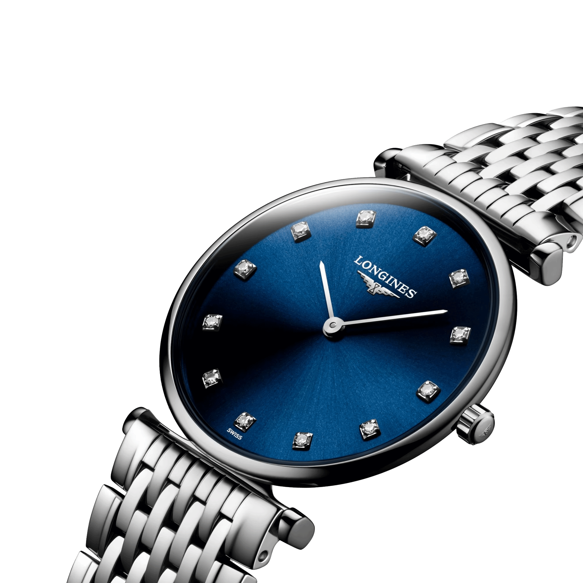 Montre Longines La Grande Classique quartz cadran bleu index diamants bracelet acier 29 mm