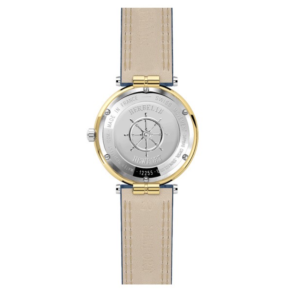 Montre Michel Herbelin Newport quartz acier PVD or jaune cadran bleu bracelet cuir bleu 38,5 mm