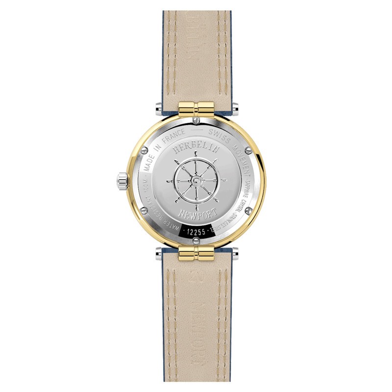 Montre Michel Herbelin Newport quartz acier PVD or jaune cadran bleu bracelet cuir bleu 38,5 mm