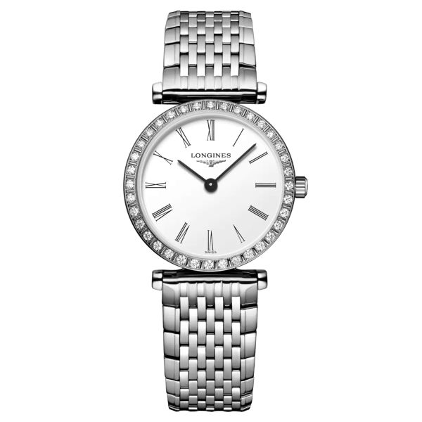 Montre Longines La Grande Classique quartz chiffres romains lunette sertie bracelet acier 24 mm