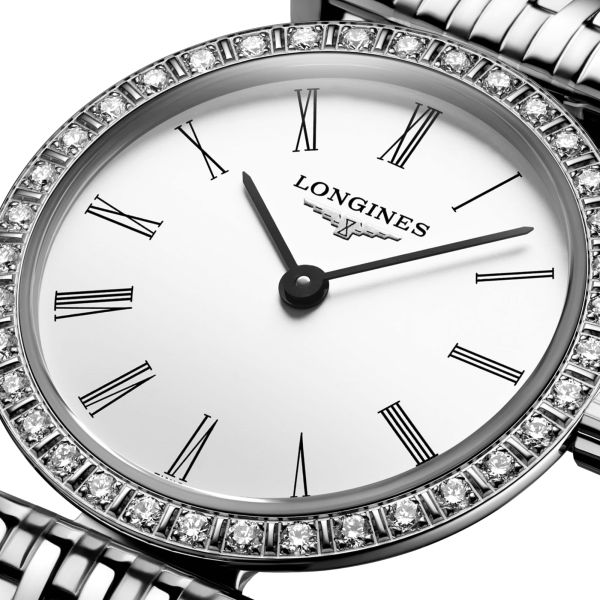 Montre Longines La Grande Classique quartz chiffres romains lunette sertie bracelet acier 24 mm