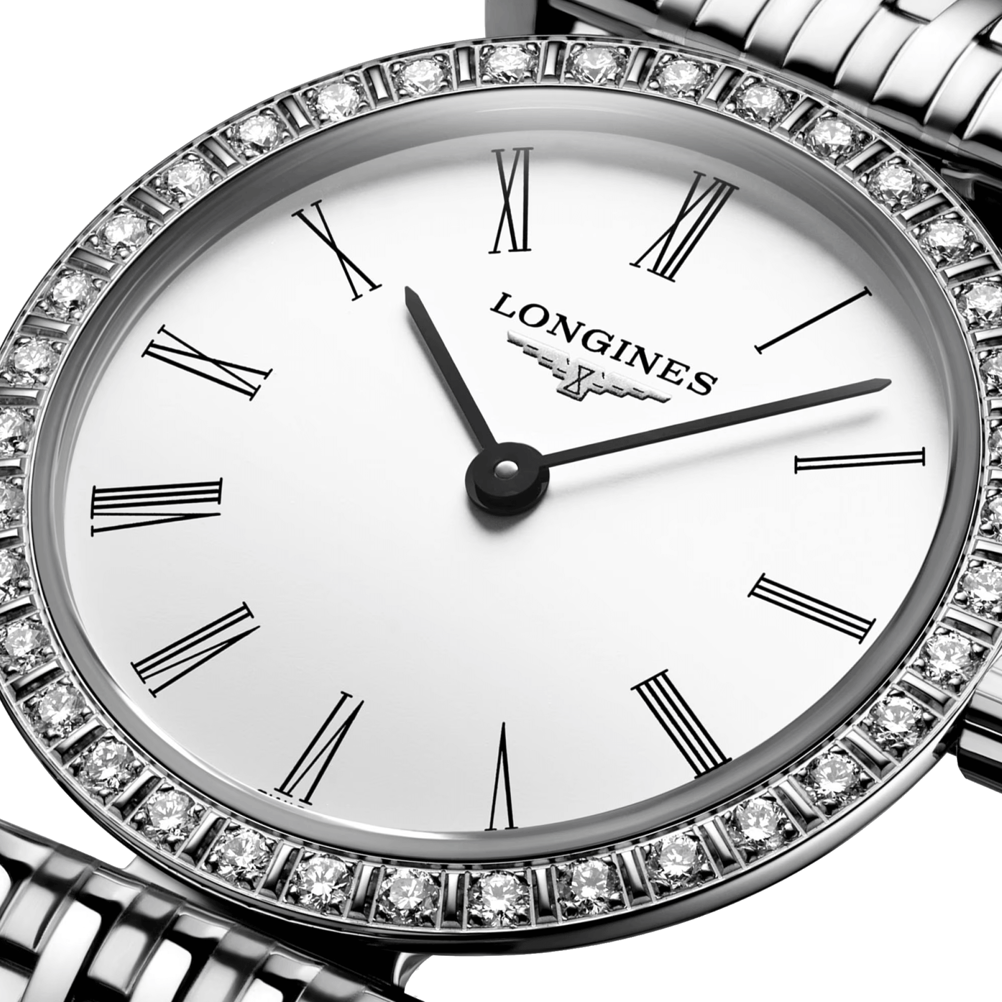 Montre Longines La Grande Classique quartz chiffres romains lunette sertie bracelet acier 24 mm