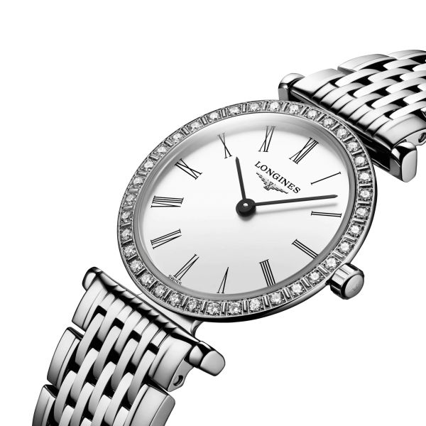 Montre Longines La Grande Classique quartz chiffres romains lunette sertie bracelet acier 24 mm