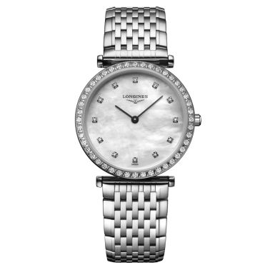 Montre Longines La Grande Classique quartz cadran nacre lunette sertie index diamants bracelet acier 29 mm