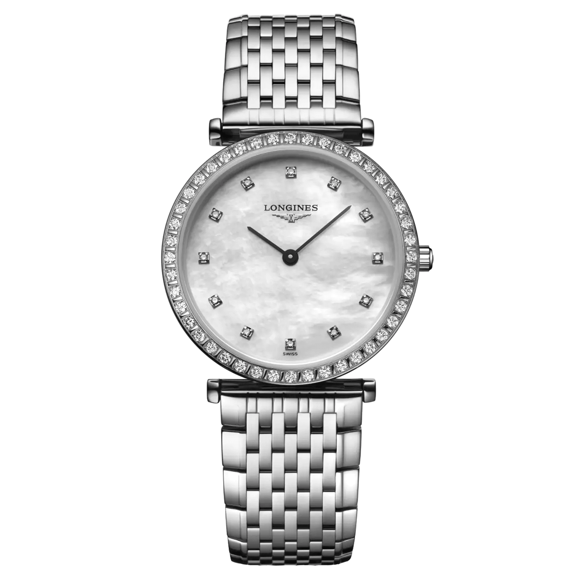 Montre Longines La Grande Classique quartz cadran nacre lunette sertie index diamants bracelet acier 29 mm