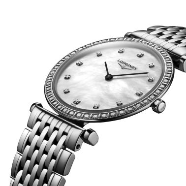 Montre Longines La Grande Classique quartz cadran nacre lunette sertie index diamants bracelet acier 29 mm