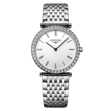 Montre Longines La Grande Classique quartz cadran blanc chiffres romains lunette sertie 29 mm