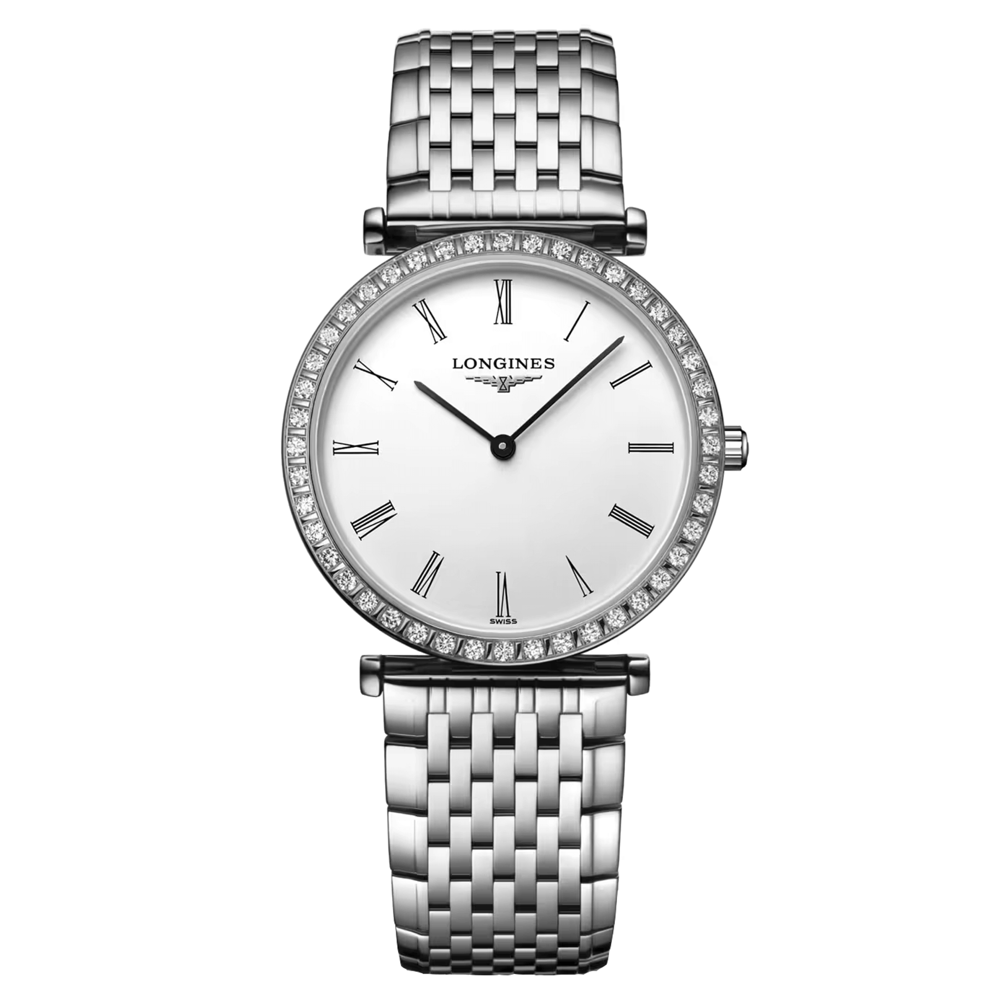 Montre Longines La Grande Classique quartz cadran blanc chiffres romains lunette sertie 29 mm