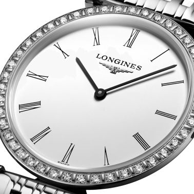 Montre Longines La Grande Classique quartz cadran blanc chiffres romains lunette sertie 29 mm