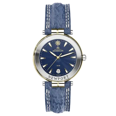 Montre Michel Herbelin Newport quartz acier PVD or jaune cadran bleu bracelet cuir bleu 38,5 mm