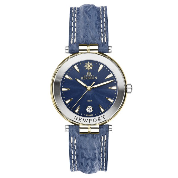 Montre Michel Herbelin Newport quartz acier PVD or jaune cadran bleu bracelet cuir bleu 38,5 mm