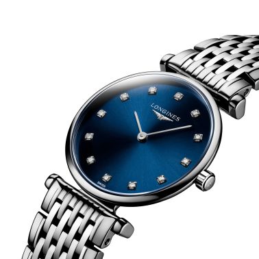 Montre Longines La Grande Classique quartz cadran bleu index diamants bracelet acier 24 mm