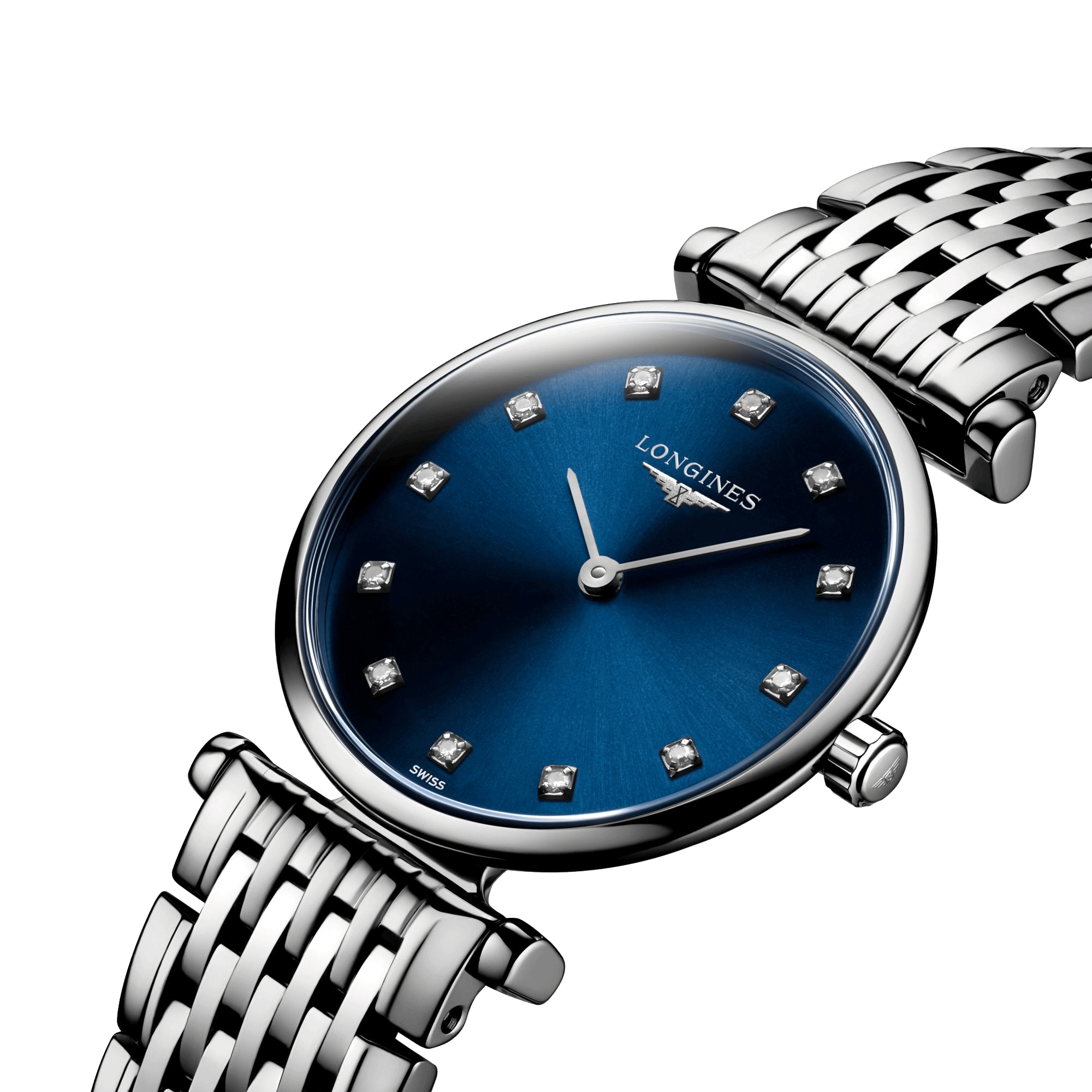 Montre Longines La Grande Classique quartz cadran bleu index diamants bracelet acier 24 mm