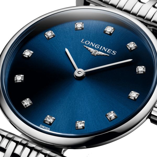 Montre Longines La Grande Classique quartz cadran bleu index diamants bracelet acier 24 mm