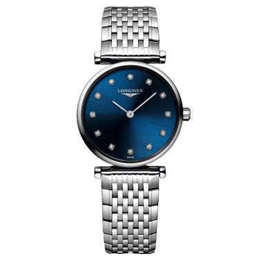 Montre Longines La Grande Classique quartz cadran bleu index diamants bracelet acier 24 mm
