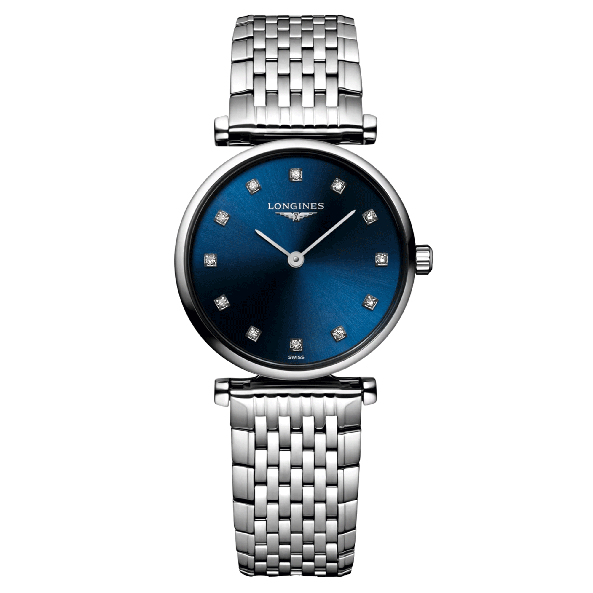 Montre Longines La Grande Classique quartz cadran bleu index diamants bracelet acier 24 mm