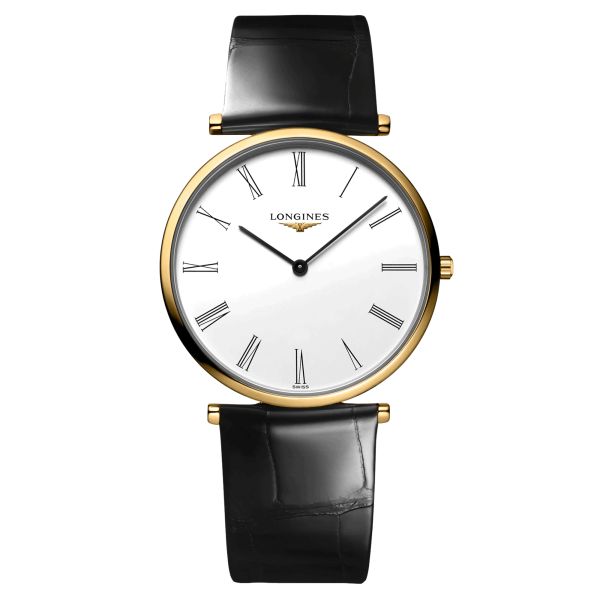 Montre Longines La Grande Classique quartz cadran blanc chiffres romains bracelet cuir noir 36 mm