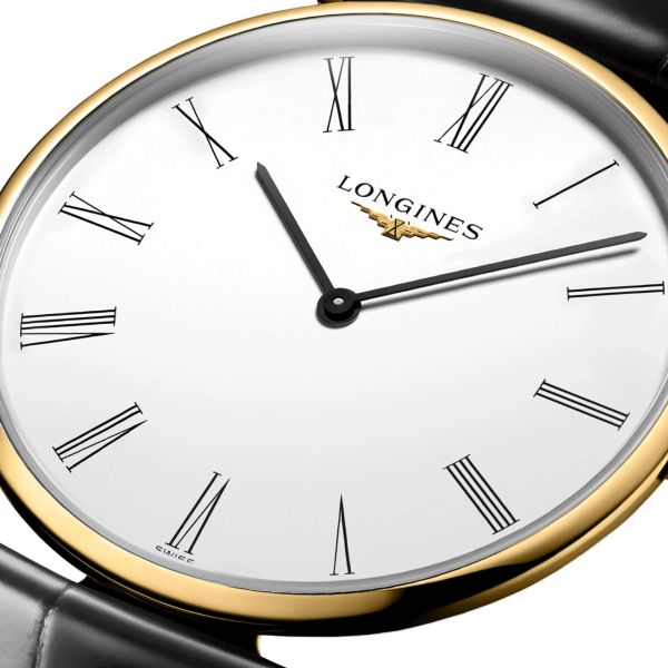 Montre Longines La Grande Classique quartz cadran blanc chiffres romains bracelet cuir noir 36 mm L4.755.2.11.2